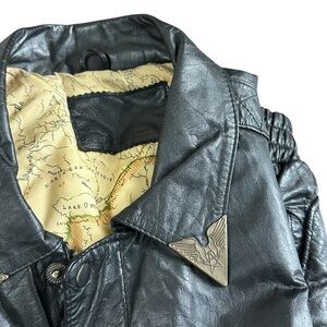 Vintage SteerBrand Black Leather Bomber Jacket Map Lining Aviator Style USA Made